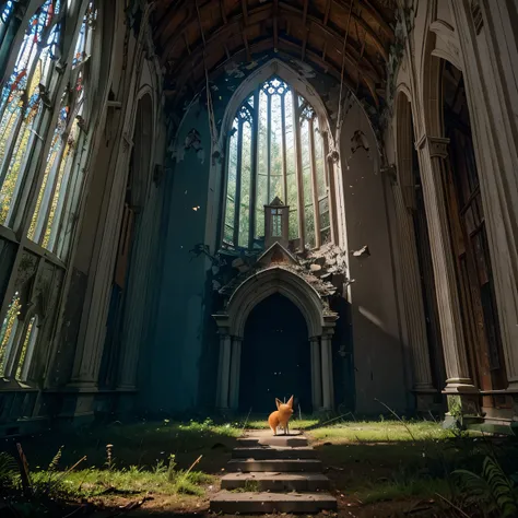 A little fox next to an abandoned church in the middle of the forest where nature takes back its rights