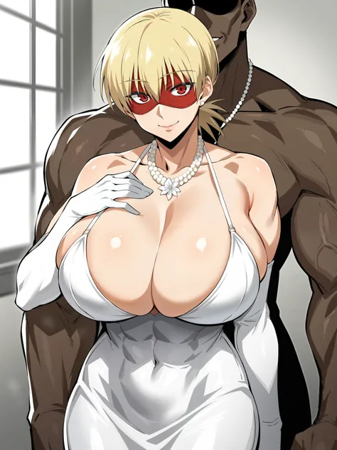 score_9, score_8_up, score_7_up, 1girl, looking at viewer, wedding gown, standing wedding, indoors, hellsing, blonde, red eyes, huge breasts, rating:safe, sfw, closeup, solo, abs, narrow waist, tiny waist, mature female, smile,  ikuchan, Masquerade mask, n...