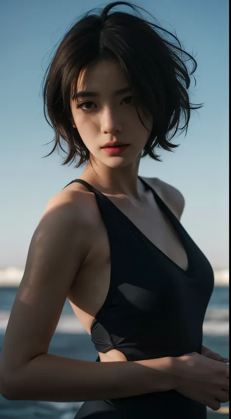 Best quality, masterpiece, ultra high res, (photorealistic:1.5), raw photo, 1girl, in the dark, deep shadow, low key, cold light, sexy look, short hair, swimsuit