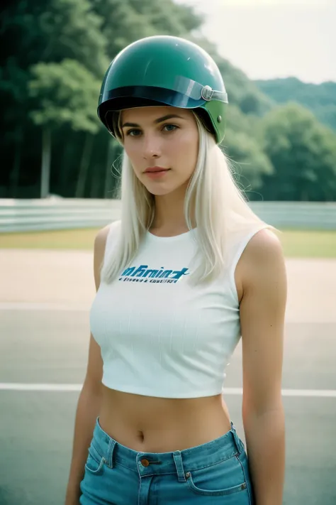 Photograph of a woman, (sympathetic expression on his face), ultra textured leather, goosebumps, White hair, slim build, nice T-shirt and shorts, helmet in hand, group profile, Formula 1 race track in May creates a feeling of comfort and wonder, perfect bl...