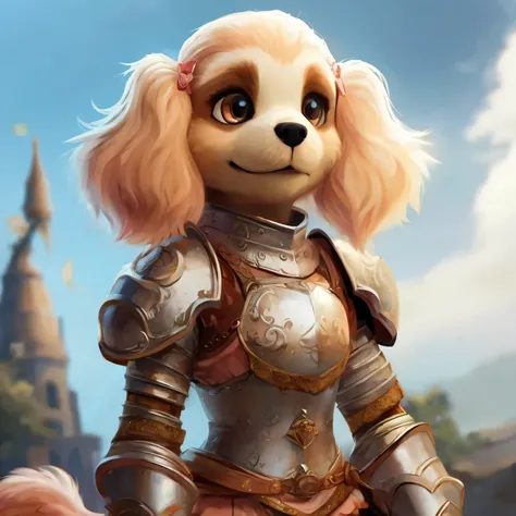 Lady the pup as furry knight girl, peach coloured fur, cute