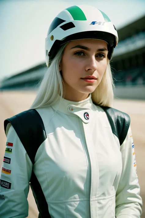 Photograph of a woman, (sympathetic expression on his face), ultra textured leather, goosebumps, White hair, slim build, with a helmet in his hands, group profile, Formula 1 race track in Miami creates a feeling of comfort and wonder, perfect blue-green ey...