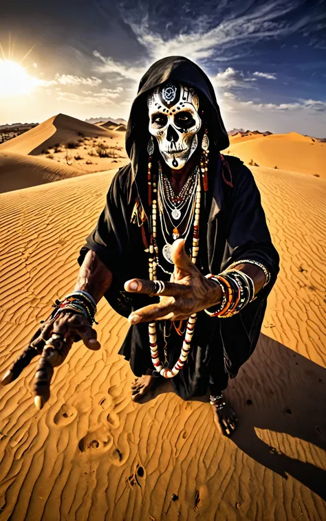 A sorcerer leaning towards the viewer,Fisheye photography,Tribal,desert,Voodoo rituals,Ultra HD details