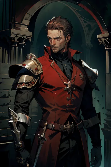 A man in a dark red Victorian suit. The shoulders and head are protected by armor, and a two-handed sword is in his hands. He looks directly at the viewer, wearing a deaf helmet.