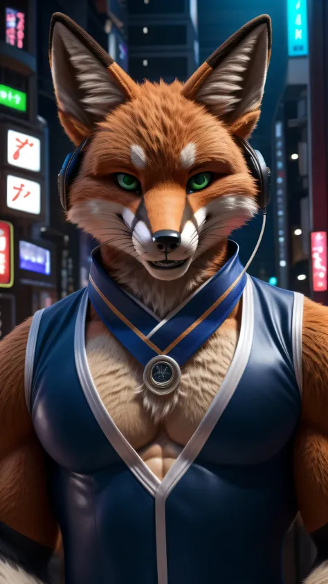 (fursuit fox male muscular) (looking at the viewer) (gaming headset) (sexy uniform) (ultra realistic almost looking like a human being) (green eyes) (ultra detailed and realistic Japan background) (Cool smile)