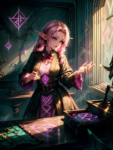 high details, best quality, 16k, [ultra detailed], masterpiece, best quality, (extremely detailed), ultra wide shot, photorealistic, a picture of an elf magical teacher (best details, Masterpiece, best quality: 1.5), teaching magical arts, manipulating mag...