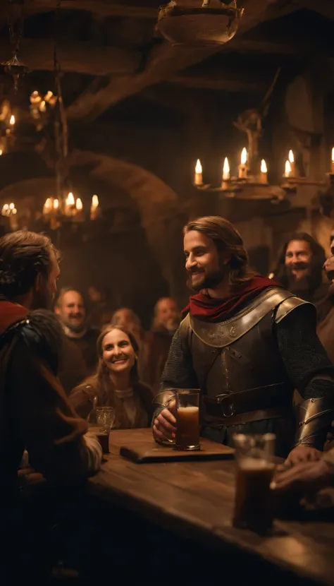 8k, medieval bar drinking with knights and peoples in a medieval bar drinking and laughing in background