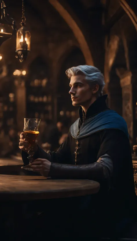 8k, a young male wizard with black clothes with grey short hair with blue aura from his hand, sit in medieval bar drinking with knights and peoples in a medieval bar background