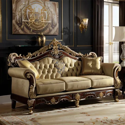 arafed couch and chair in a room with a rug and lamp, elegant furniture, luxury furniture, ornate furniture, ornate with gold trimmings, hyper ornate, ebony rococo, lavish rococo baroque setting, lounging on expensive sofa, furniture and decor, fancy drape...