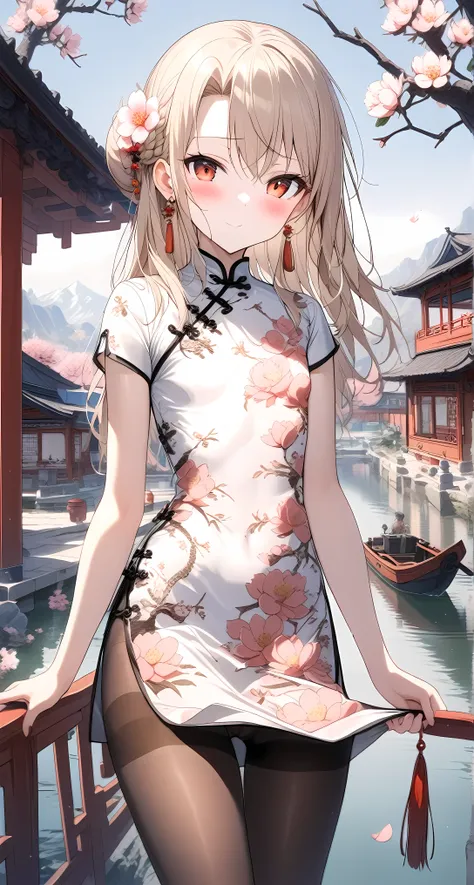 1girl,(illyasviel von einzbern),red_eyes,cream hair,(french braid),seductive smile,blush,flower,beautiful detailed_background,small breasts,butterfly,(qipao,china dress,chinese clothes,dress),gold trim,floral print,folding fan,jewelry,earrings,explicit,flo...