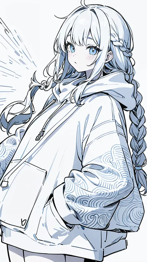 Line art,, masterpiece, highest quality, Super Detail、Oversized hoodie,Braid