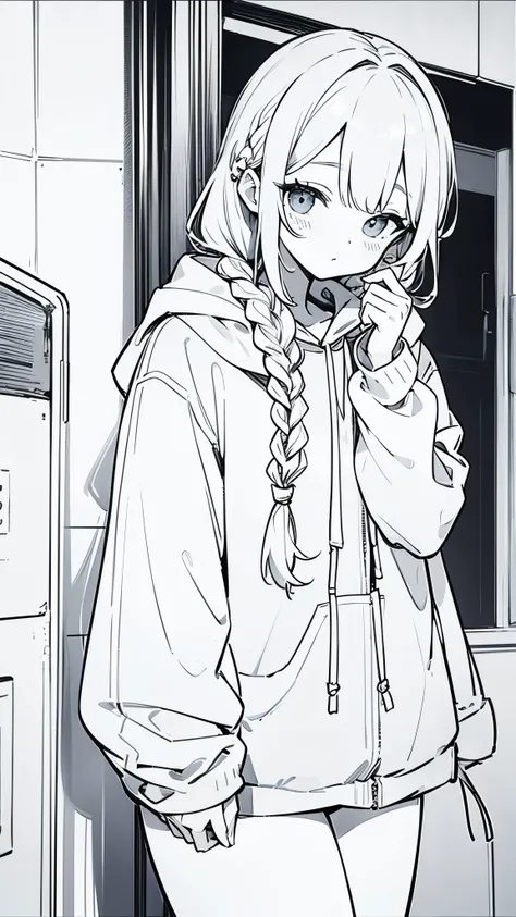 Line art,, masterpiece, highest quality, Super Detail、Oversized hoodie,Braid