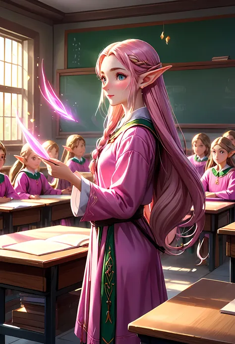 high details, best quality, 16k, [ultra detailed], masterpiece, best quality, (extremely detailed), ultra wide shot, photorealistic, a picture of an elf magical teacher (best details, Masterpiece, best quality: 1.5), teaching magical arts, manipulating mag...