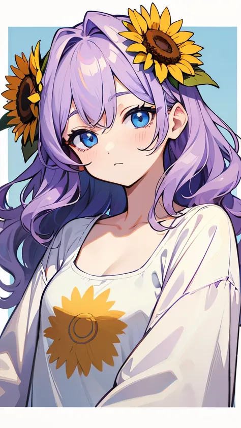 Line art,masterpiece, highest quality, Super Detail、(Bob Hair)、Wavy Hair、Casual clothing、Wear sunflowers on your head、Light purple hair、blue eyeature