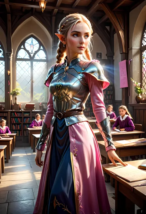 high details, best quality, 16k, [ultra detailed], masterpiece, best quality, (extremely detailed), ultra wide shot, photorealistic, a picture of an elf magical teacher (best details, Masterpiece, best quality: 1.5), teaching magical arts, manipulating mag...