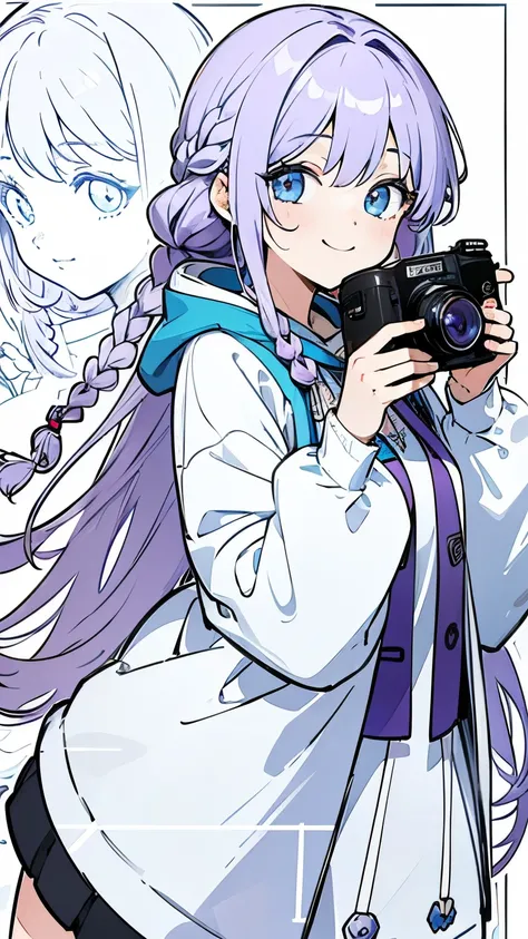 Line art, masterpiece, highest quality, Super Detail、Braid、Oversized hoodie,Smiling with a camera,oil,Light purple hair、Beautiful bright blue eyes