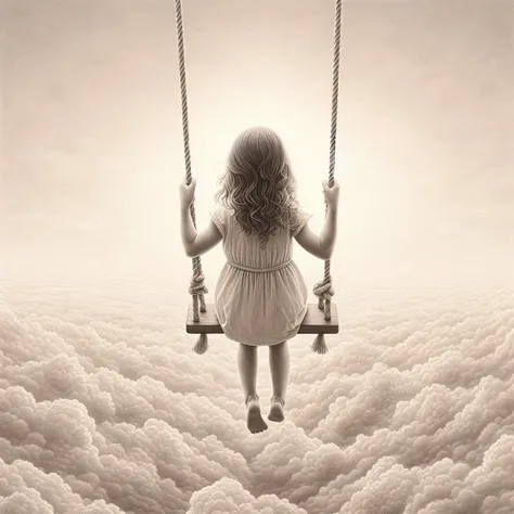 arafed image of a girl on a swing in the clouds