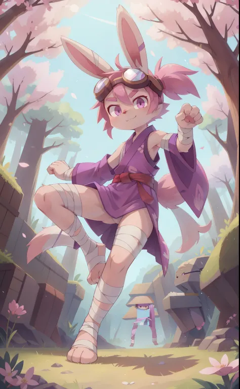 full-length_portrait, Furry shota, rabbit, long rabbit ears, pink hair, long spiky ponytail, spiky hair, detailed body fur, Pink eyes, ((purple kimono sleeveless, hakama, goggles, bandages)), looking at you, white body fur, detailed face, big eyebrows, det...