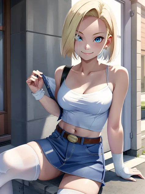 Armpit Show,highest quality， High resolution， And 18， One girl， Android 18， solo， Blonde， blue eyes， Short fine hair， 耳Nipple Ring， gem，White Bandeau，Denim mini skirt， Medium chest， Street Japan，smile，Expand the chest from the outside， （No shoulder strap:1...