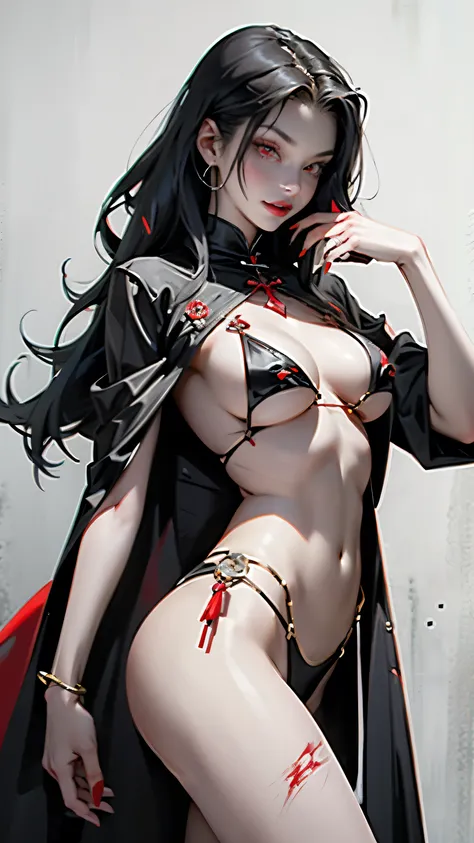  Female Dracula with sexy body big breasts  white teeth and red eyes like blood wearing a black robe 