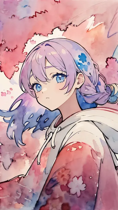 Line art, masterpiece, highest quality, Super Detail、Braid、Oversized hoodie,(((((Watercolor touch))))),Light purple hair、Beautiful bright blue eyes,Multi-colored hair、Cherry blossom petals are falling、Pale background