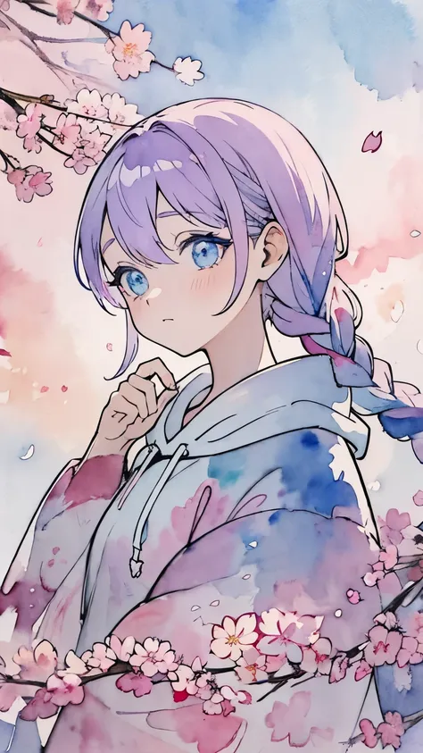 Line art, masterpiece, highest quality, Super Detail、Braid、Oversized hoodie,((((Watercolor touch)))),Light purple hair、Beautiful bright blue eyes,Multi-colored hair、Cherry blossom petals are falling、Pale background