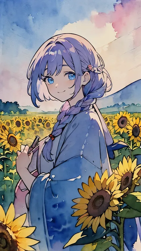 Line art, masterpiece, highest quality, Super Detail、Braid,,((((Watercolor touch)))),Light purple hair、Beautiful bright blue eyes,Multi-colored hair、Sunflower field,Pale background,smile,Beautiful blue sky