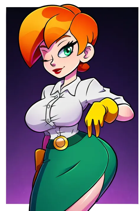 A tall milf woman calm asleep sexy attractive beautiful beautiful youth short orange hair cut her eye closed eyelash slim black red lip she wears a white button-down shirt and a green skirt a black heel wearing a yellow glove