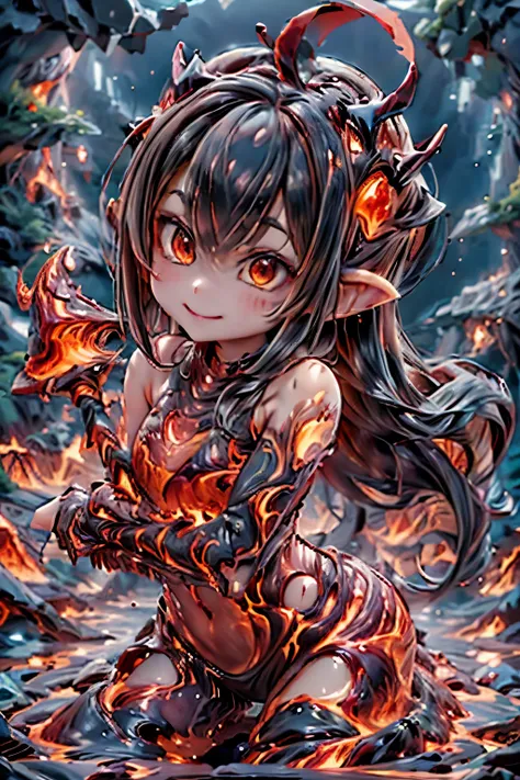 best quality, masterpiece, magma material, a cute horned demon girl smiling (((made of magma))), (((body made of magma))), flesh made of magma, ((hair lava material)), photoshoot pose, dynamic pose, magma material, SFW