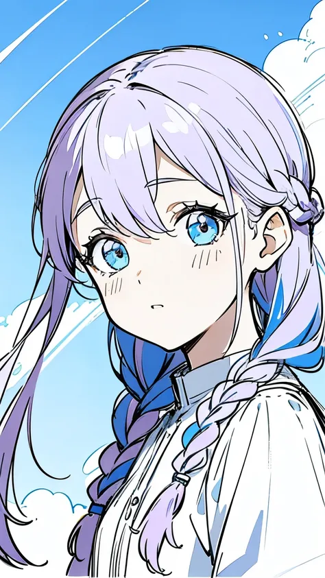 Line art, masterpiece, highest quality, Super Detail、Braid,(((Sketchy touch))),Light purple hair、Beautiful bright blue eyes,Multi-colored hair,Beautiful clear blue sky,A sky with a beautiful background