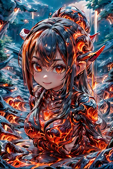 best quality, masterpiece, magma material, a beautiful horned demon girl smiling (((made of magma))), (((body made of lava))), f...