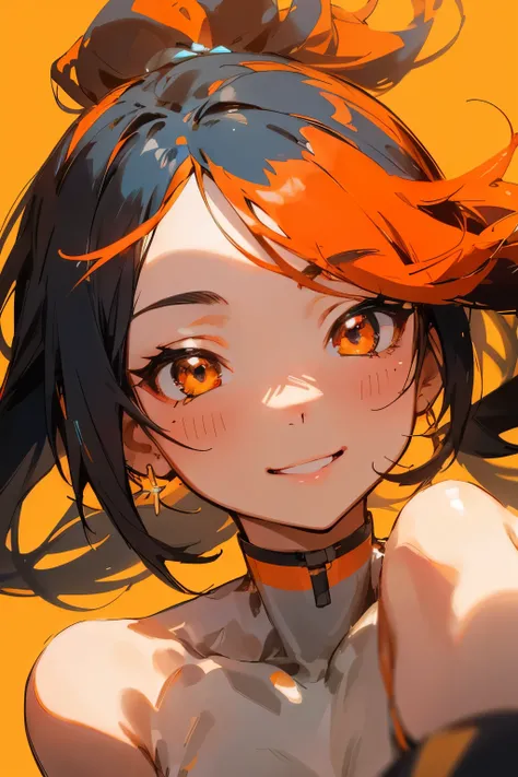 Anime girl with vibrant orange and black hair styled in two neat ponytails, exuding a sense of safety and calmness. In the isometric view, her facial features are prominent, highlighting a radiant and captivating smile. The best quality, high-resolution im...