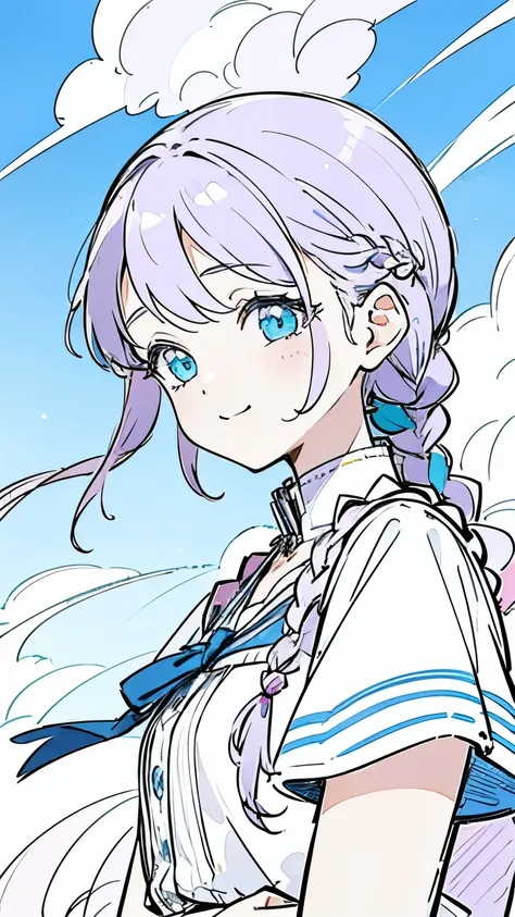 Line art, masterpiece, highest quality, Super Detail、Braid,(((Sketchy touch))),Light purple hair、Beautiful bright blue eyes,Multi-colored hair,Beautiful clear blue sky,A sky with a beautiful background,Laugh happily