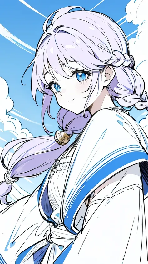 Line art, masterpiece, highest quality, Super Detail、Braid,(((Sketchy touch))),Light purple hair、Beautiful bright blue eyes,Multi-colored hair,Beautiful clear blue sky,A sky with a beautiful background,Laugh happily