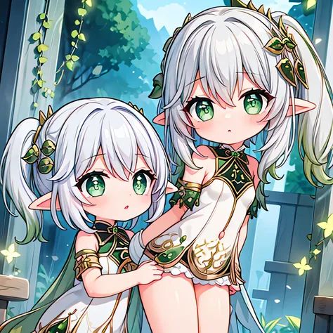 girl, flat breasts, silver hair, green eyes, elf, elf clothes, looking to the camera, chibi, embarrassed, ashamed, legs