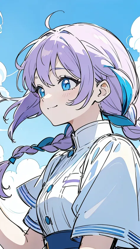 Line art, masterpiece, highest quality, Super Detail、Braid,(((Sketchy touch))),Light purple hair、Beautiful bright blue eyes,Multi-colored hair,Beautiful clear blue sky,A sky with a beautiful background,Laugh happily,