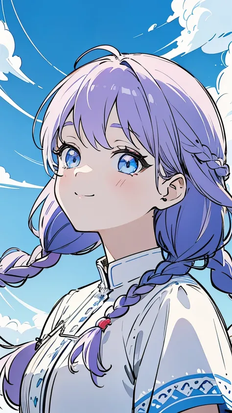 Line art, masterpiece, highest quality, Super Detail、Braid,(((Sketchy touch))),Light purple hair、Beautiful bright blue eyes,Multi-colored hair,Beautiful clear blue sky,A sky with a beautiful background,Looking up at the sky、smile