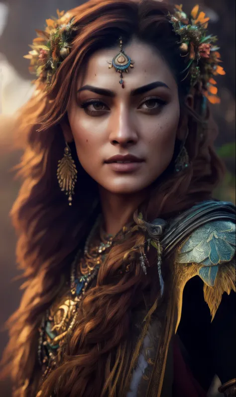 Looks like Sandeepa Dhar, ultra realistic photography, perfectly centered medium upper shot of Aloy from horizon zero dawn, creatures from horizon zero dawn jungle cliffs in the background, looking at viewer, fashion pose, extremely detailed eyes, detailed...