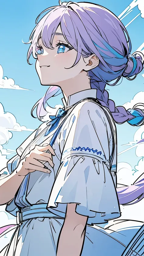 Line art, masterpiece, highest quality, Super Detail、Braid,(((Sketchy touch))),Light purple hair、Beautiful bright blue eyes,Multi-colored hair,Beautiful clear blue sky,A sky with a beautiful background,The breeze is blowing、Look up and laugh