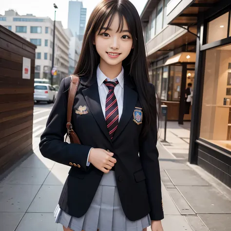 18 year old high school girl、blazer uniform、a big smile、ultra-high resolution、powerful images、8k slender woman、super big 、long s...