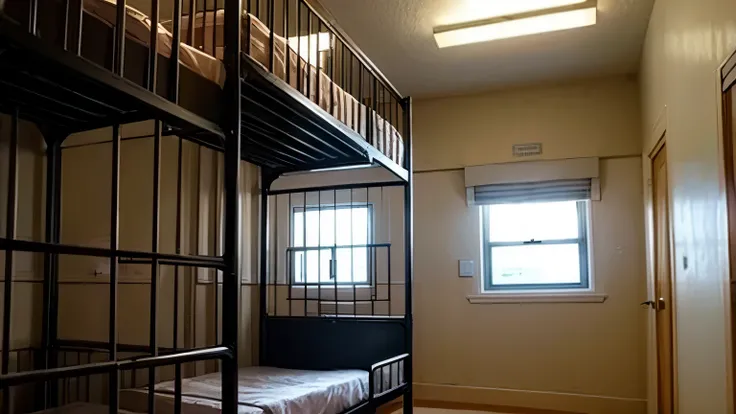 A small prison cell with a bunk bed, anime, dark, prison