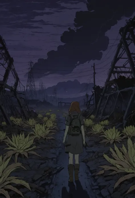 flat 2d art,  (((girl))), nuclear wasteland, plants regaining territory, desolation, eerie atmosphere, (dark and moody:1.0), (lo...