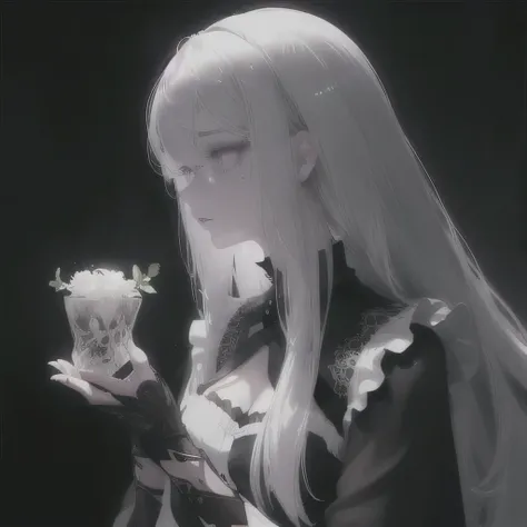 Anime -  a young woman with white long hair and a black top, Girl with white hair, Perfect white haired girl, Bright Gray Eyes, flowers on hair,( Smart Design, Sharp lines, High sharpness,top quality, very detailed, masterpiece, lighting effects in cinema,...