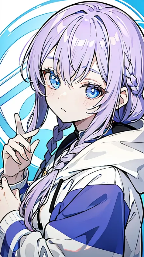 Line art, masterpiece, highest quality, Super Detail、Braid、Oversized hoodie,Light purple hair、Beautiful bright blue eyes,