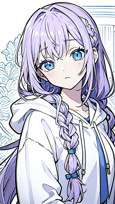 Line art, masterpiece, highest quality, Super Detail、Braid、Oversized hoodie,Light purple hair、Beautiful bright blue eyes,