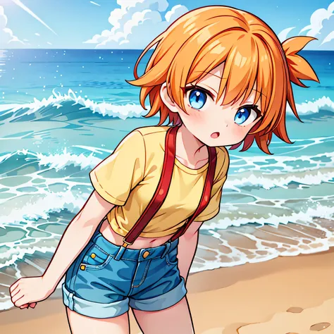 High quality, masterprice, 1 Girl, flat breasts, short orange hair, blue eyes, short yellow blouse, red braces, short jeans, on the beach, legs