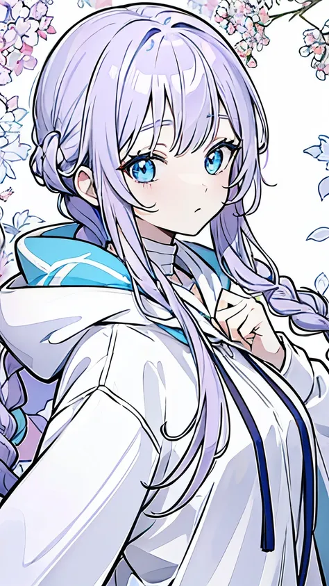 Line art, masterpiece, highest quality, Super Detail、Braid、Oversized hoodie,Light purple hair、Beautiful bright blue eyes,