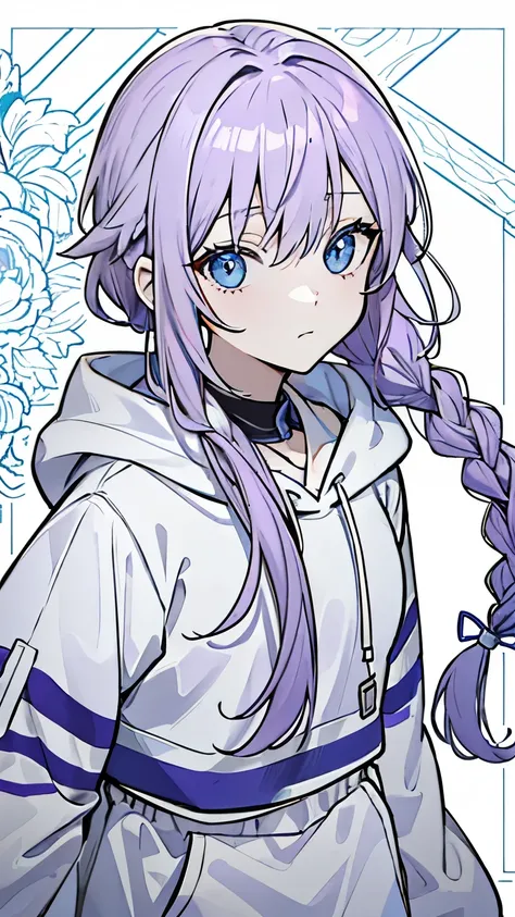 Line art, masterpiece, highest quality, Super Detail、Braid、Oversized hoodie,Light purple hair、Beautiful bright blue eyes,