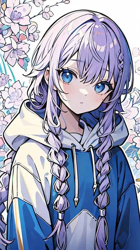 Line art, masterpiece, highest quality, Super Detail、Braid、Oversized hoodie,Light purple hair、Beautiful bright blue eyes,