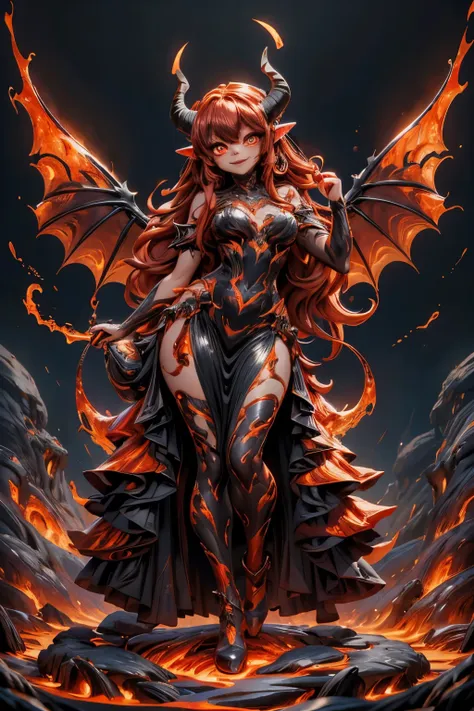 best quality, masterpiece, magma material, a beautiful horned demon smiling made of lava, dress made of lava, (pumps made of lav...